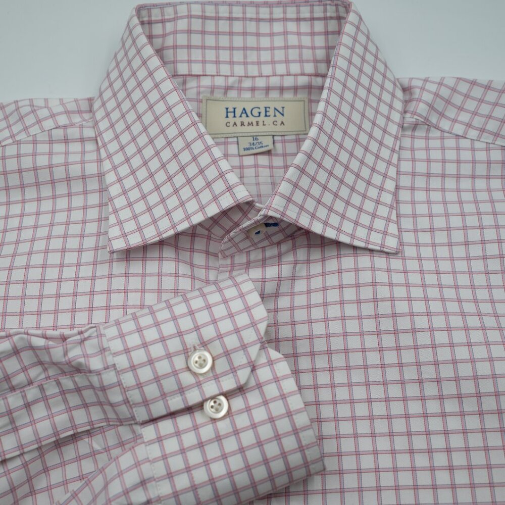GORGEOUS Hagen Carmel  Pink and Blue Windowpane Cotton Dress Shirt M 16x34